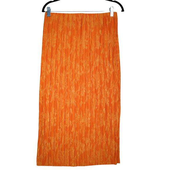 Zara Dresses & Skirts - Zara Jacquard Pleated Midi Skirt Womens Size Large Orange Stretchy Raw Edge Hem